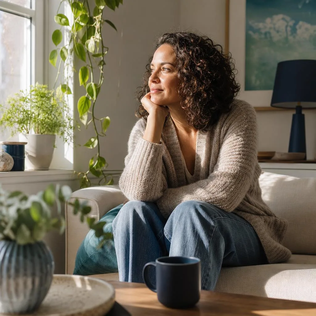 Woman taking a calm, reflective pause in a sunlit living room