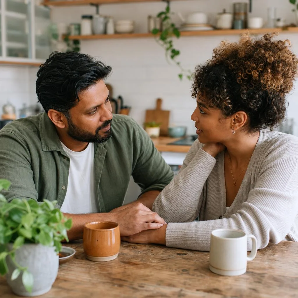 Two adults having a supportive conversation together at home